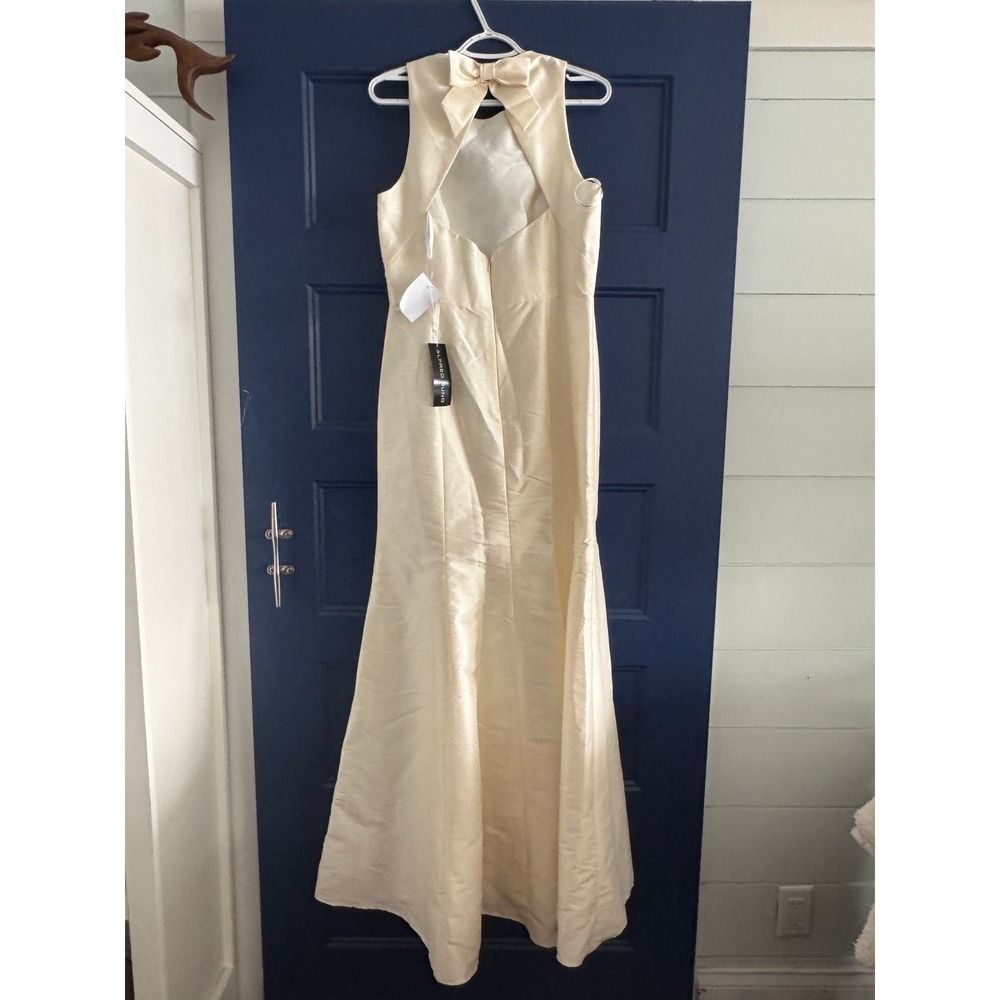 Alfred Sung Formal Evening Gown Champagne Silk Blend Bow Back Fishtail Size 10 - Picture 4 of 8
